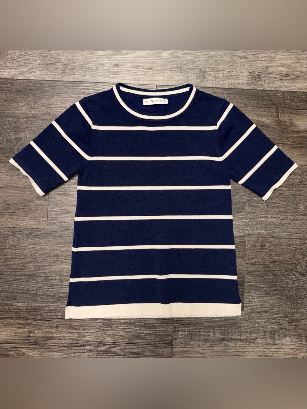 Zara Knit Navy & White Striped Short Sleeve Top Medium